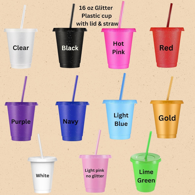 K&ouml;nnte beinhalten: Eine Auswahl an 16 oz Glitzer-Plastikbechern mit Deckel und Strohhalm in verschiedenen Farben: klar, schwarz, pink, rot, lila, marineblau, hellblau, gold, wei&szlig;, hellrosa und limettengr&uuml;n.