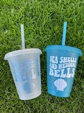 Sea Shells and Wedding Bells Cups, Personalized Cups, Charleston, Hamptons, Sippin Seaside, Cups with Lid and Straw, Beach Wedding
