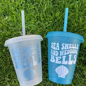 Sea Shells and Wedding Bells Cups, Personalized Cups, Charleston, Hamptons, Sippin Seaside, Cups with Lid and Straw, Beach Wedding