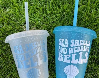 Sea Shells and Wedding Bells Cups, Personalized Cups, Charleston, Hamptons, Sippin Seaside, Cups with Lid and Straw, Beach Wedding