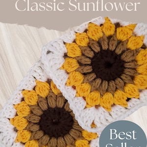 Sunflower Granny Square Crochet Pattern | Easy Crochet Pattern for Beginners to Make Blankets, Shawls, Shirts