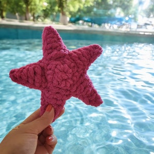 May include: A pink crocheted starfish toy held in a hand against a blue pool background.