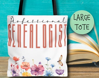 May include: White tote bag with black handles and the text "Professional Genealogist" in red. The bag has a floral design with butterflies at the bottom.