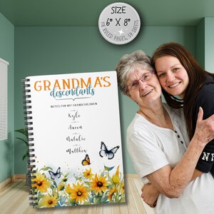 Gepersonaliseerde oma notitieboek gelinieerd dagboek spiraal papier familiegeschiedenis verhaal voorouders stamboom sjabloon kleinkinderen namen zonnebloem