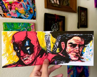 May include: A colourful illustration of Deadpool and Wolverine. Deadpool is wearing a red and black suit with a black mask. Wolverine is wearing a black and brown suit with a black mask. The background is yellow and white.