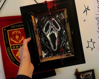 fanart di Halloween con cornice vintage e cera rossa insanguinata, fantasma spettrale e sciocco