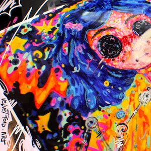 May include: A vibrant, abstract artwork featuring a colorful creature with blue, orange, and pink hues. The image includes the text "velvet toad - ART" in white. The artwork is a mix of bold colors and shapes.