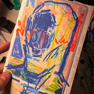 Pu&ograve; includere: Un disegno astratto colorato di un viso con linee blu, rosse, gialle e verdi. Il testo "Silly Velvet Toad Shop" &egrave; scritto sul lato destro dell'immagine.
