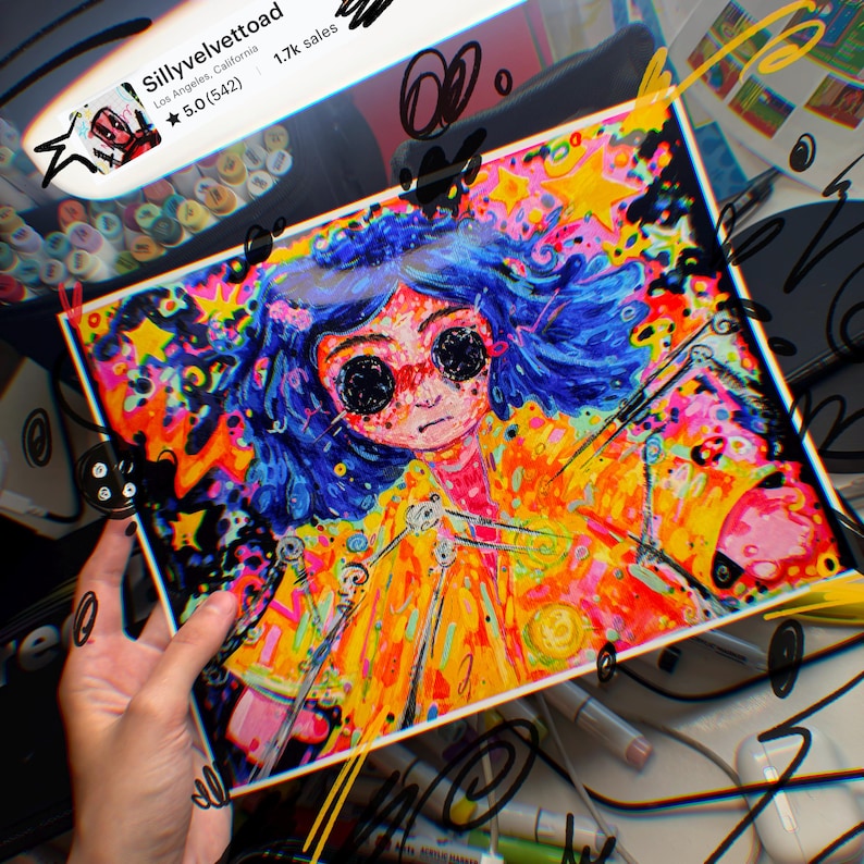 May include: A colorful illustration of a girl with blue hair and large black eyes. The artwork features vibrant hues of yellow, orange, pink, and blue, with a whimsical, cartoonish style. The girl is wearing a yellow coat.