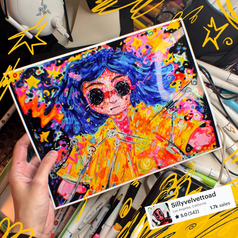 May include: A colorful illustration of a character with blue hair and large black eyes, wearing a yellow coat. The artwork features vibrant hues of orange, pink, and yellow, with a background of stars and swirls. The artist's name is visible in the image.