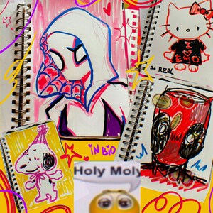 May include: A collage of drawings on notebook paper. The drawings include a cartoon spider-woman, a Hello Kitty character, a cartoon dog, and a red and black cartoon character. The drawings are in various colours, including red, blue, yellow, and black. The text "So Real" and "Holy Moly" are written on the paper.