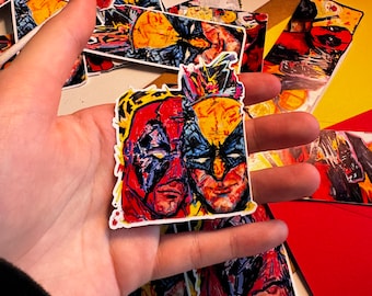 大きなスケッチブックからのデッドプールとウルヴァリンのステッカー、愛憎のバイブス