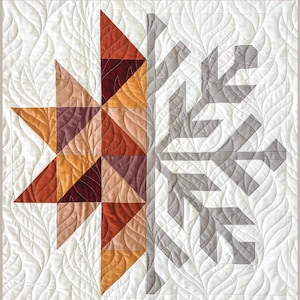 Può includere: Un arazzo da parete in tessuto trapuntato con un design a stella geometrica in tonalità di arancione, rosso e rosa sul lato sinistro e un design a fiocco di neve in grigio sul lato destro.