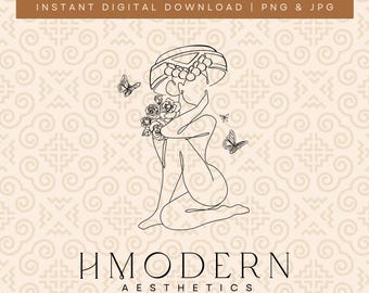 Moderne Hmong Minimal Endloslinie Kunst | Frau Mädchen Illustration Design | Hmong Wand Kunst Druck Dekor, Traditionelle Kleidung Xauv Hut Zeichnung