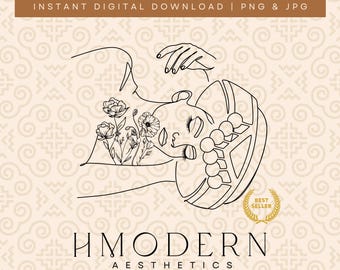 Moderne Hmong Minimal Endloslinie Kunst | Schlafende Frau Mädchen Illustration Design | Hmong Wandkunst, traditionelle Kleidung Donut Hut Zeichnung