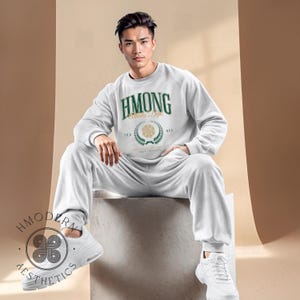 Modern Hmong Unisex Sweatshirt Pullover, Green Preppy Varsity, Minimal Hmong Clothes Design, Hmong Asian Gift, Hmong Inspired Trend Athletic