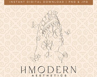 Moderne Hmong minimale doorlopende lijntekeningen | Vrouw meisje vlinders illustratie ontwerp | Hmong-muurkunst, traditionele lange vintage hoedentekening