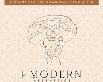 Nowoczesna Hmong Minimal Continuous Line Art | Ładna kobieta, dziewczyna, portret, ilustracje projektów | Hmong Wall Art Prints, tradycyjny rysunek kapelusza