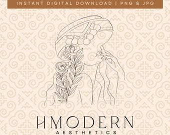 Moderne Hmong minimale doorlopende lijntekeningen | Mooi vrouw meisje met bloemen illustratieontwerp | Hmong-muurkunstdruk, traditionele hoedtekening