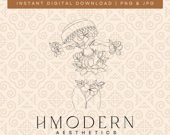 Moderne Hmong Minimal Endloslinie Kunst | Abstrakte Frau Mädchen in Blätter Illustration Design | Hmong Wand Kunst Druck, Traditionelle Hut Zeichnung