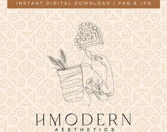 Moderne Hmong minimale doorlopende lijntekeningen | Vrouw meisje met illustratieontwerp mand | Hmong-muurkunstdruk traditionele vintage hoedentekening