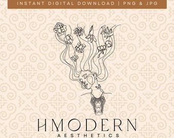 Moderne Hmong minimale doorlopende lijntekeningen | Vrouw meisje bloemen in haar illustratieontwerp | Hmong-muurkunstdruk, traditionele Xauv-tekening