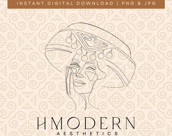 Moderne Hmong minimale doorlopende lijntekeningen | Gelukkig vrouw meisje portret afbeelding ontwerp | Hmong-muurkunstdruk, traditionele hoedtekening