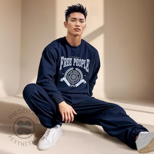 Modern Hmong Unisex Sweatshirt Pullover, Blue Preppy Varsity, Minimal Hmong Clothes Designs, Hmong Asian Gifts, Hmong Inspired Trendy