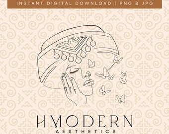 Modern Hmong Minimal Continuous Line Art | Woman Girl Half Butterflies Illustration Design | Hmong Wall Art Print, Traditional Hat Drawing
