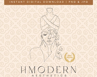 Modern Hmong Minimal Continuous Line Art | Woman Girl Face Butterflies Illustration Design | Hmong Wall Art, Traditional Turban Hat Drawing