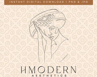 Moderne Hmong minimale doorlopende lijntekeningen | Vrouw meisje schattig portret illustratie ontwerp | Hmong-muurkunstdruk, traditionele hoedtekening