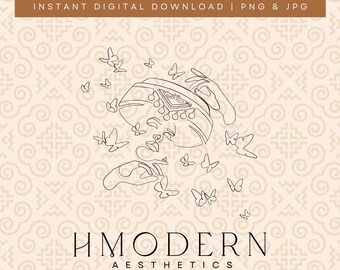 Modern Hmong Minimal Continuous Line Art | Woman Girl Butterflies Face Illustration Design | Hmong Wall Art Print, Traditional Hat Drawing