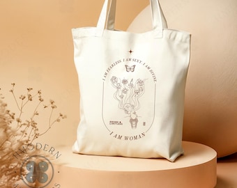 Modern Hmong Cotton Canvas Tote Bag | I am Woman Line Art Design | Minimalist Hmong Ethnic Homemade Art Accessory | Hmong Gift Ideas for Her