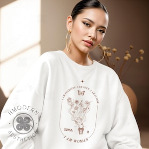 Modern Hmong Womens Sweatshirt Pullover, I am Woman Minimal Hmong Clothes, Girl Graphic Designs, Hmong Gifts, Hmong Inspired Trendy Quotes