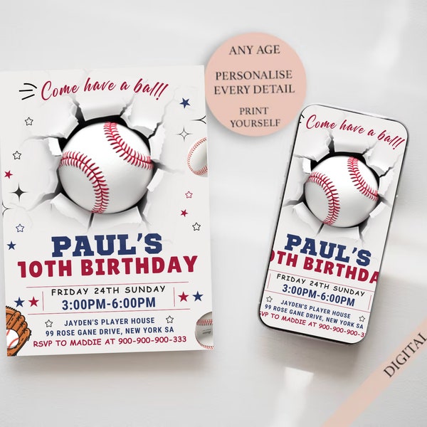 Editable Baseball Birthday Invitation Digital, Baseball Party Invite, Baseball Birthday Evite,instant Download Baseball Invitations