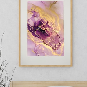 Abstract artwork in A3 size, handmade with alcohol ink enhanced with gold details. Unique original painting Frame included