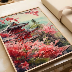 Japanese Wall Art, Cherry Blossom Art Print, Sakura Trees Wall Art, Japanese Watercolour Art, Pink Floral Tree Wall Art Print, Pagoda Art
