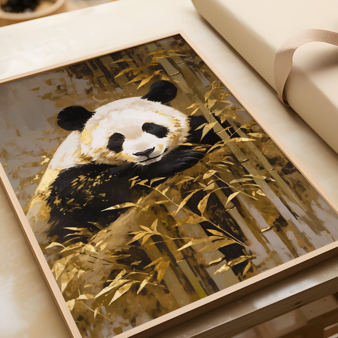 Japanese Panda Art Print: Black & Gold Poster - Etsy