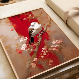 Arte de herrerillo japonés, impresión de herrerillo japonés, arte de herrerillo japonés, arte rojo, póster de herrerillo japonés, arte para amantes de las aves
