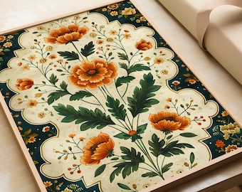 Retro Indian Floral Art Print: Green & Orange Flower Wall Decor