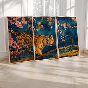 Japanese Tiger Art Print Set: Blue Gold Japan Style Wall Art