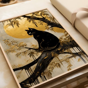 日本の黒猫アート、日本の猫のプリント、日本の猫アート、猫のギャラリーアート、黒金猫アート、黒猫ポスター、和風ウォールアート