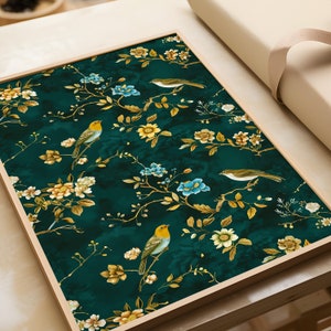 Impresión de pájaro chinoiserie, arte de pájaro verde, arte de pared chinoiserie, cartel de chinoiserie, arte de pared amante de las aves, decoración de chinoiserie, cartel de pájaro floral