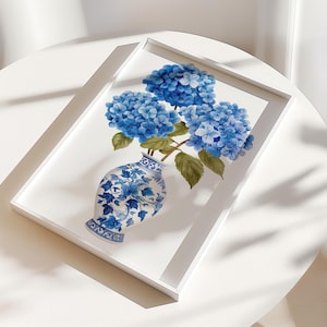 Chinoiserie Ginger Jar Print, Chinoiserie Vase Art, Chinoiserie Art, Cartel de Chinoiserie, Arte Floral, Decoración de Chinoiserie, Arte de Hortensia Azul