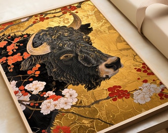 牛のポスター、日本の墨絵風の黒い牛のイラストと金色の太陽 - Etsy 日本