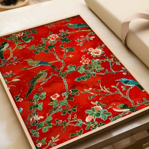 Impresión de pájaro chinoiserie, arte de pájaro rojo, arte de pared chinoiserie, cartel de chinoiserie, arte de pared amante de las aves, decoración de chinoiserie, cartel de pájaro floral