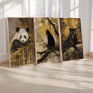 Black & Gold Japanese Wall Art, Set of 3 Prints, Asian Inspired, Nature Art, Home Décor, Housewarming, Panda Art, Cat Art, Panther Art, Gift