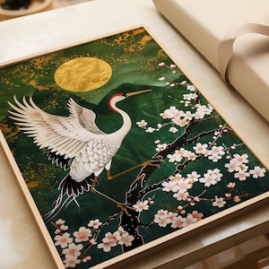 Japanese Crane Art Print: Green & Gold Cherry Blossom Poster