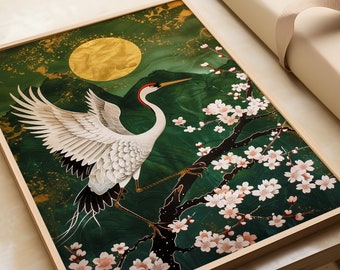 Japanese Crane Art Print: Green & Gold Cherry Blossom Poster