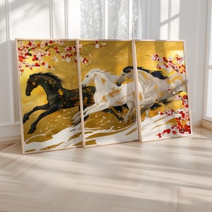 Japanese Wall Art Set, Japanese Horse Print, Japanese Horse Art, Horse Art, Gold Art, Horse Poster, Japanese Style Wall Art, Set of Three